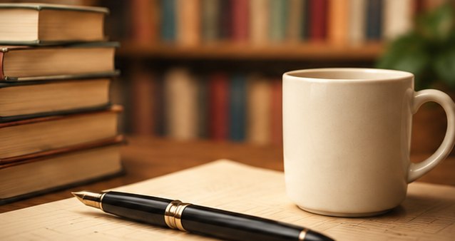 Стопка книг, чашка и перьевая ручка на рабочем столе